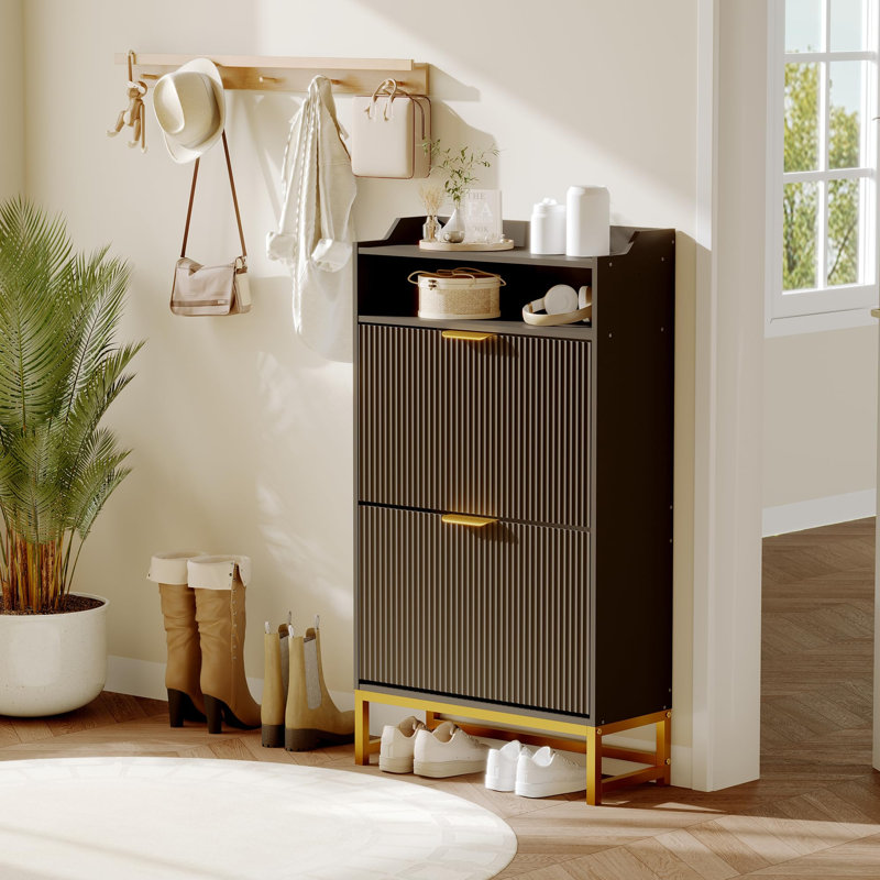 Narrow Shoe Cabinet Storage for Entryway, Modern Fluted Shoe Rack Organizer with 2 Flip Drawers and an Open Shelf for Hallway, Living Room