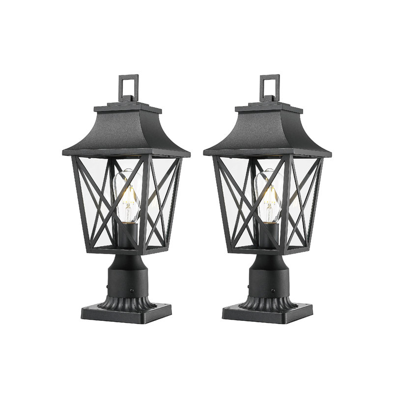 Lampadaire d'extérieur, lanterne à mât noir avec base de quai câblée, lampadaire extérieur avec lampadaire et verre pour chemin de jardin (paquet de 2)