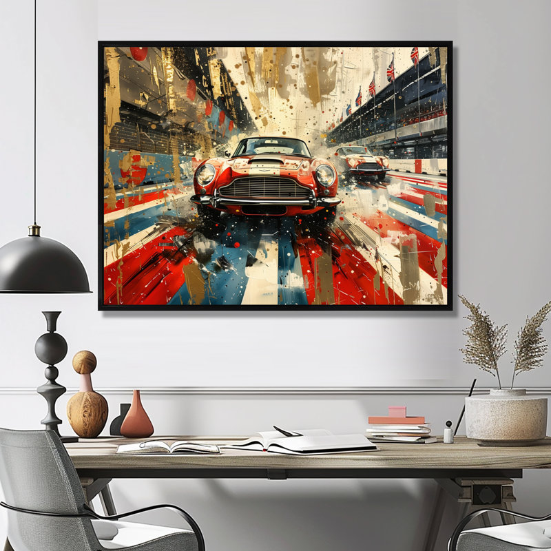 Couleur du drapeau américain d'une vieille voiture, Toile avec cadre flottant noir, H 16 po x l 32 po x P 1 po