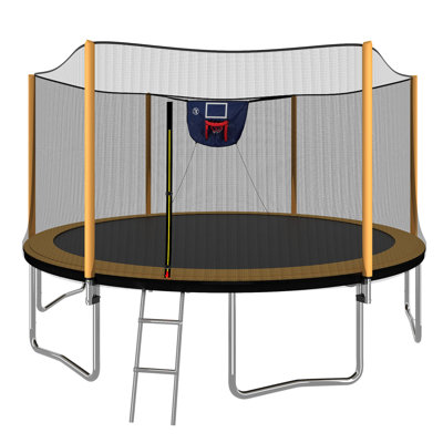 14FT Powder-Coated Advanced Trampoline With Basketball Hoop Inflator And Ladder(Outer Safety Enclosure)