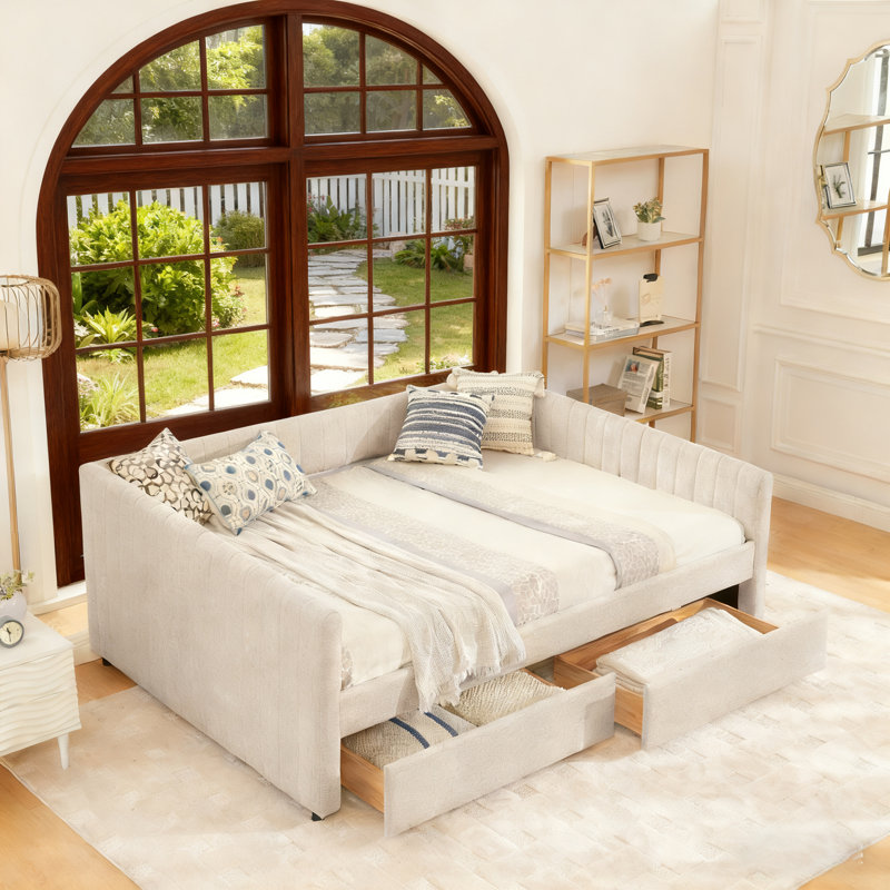 Queen Sofa Bed With 2-Drawer Trundle, Upholstered In Linen With Vertical Stripes, Beige