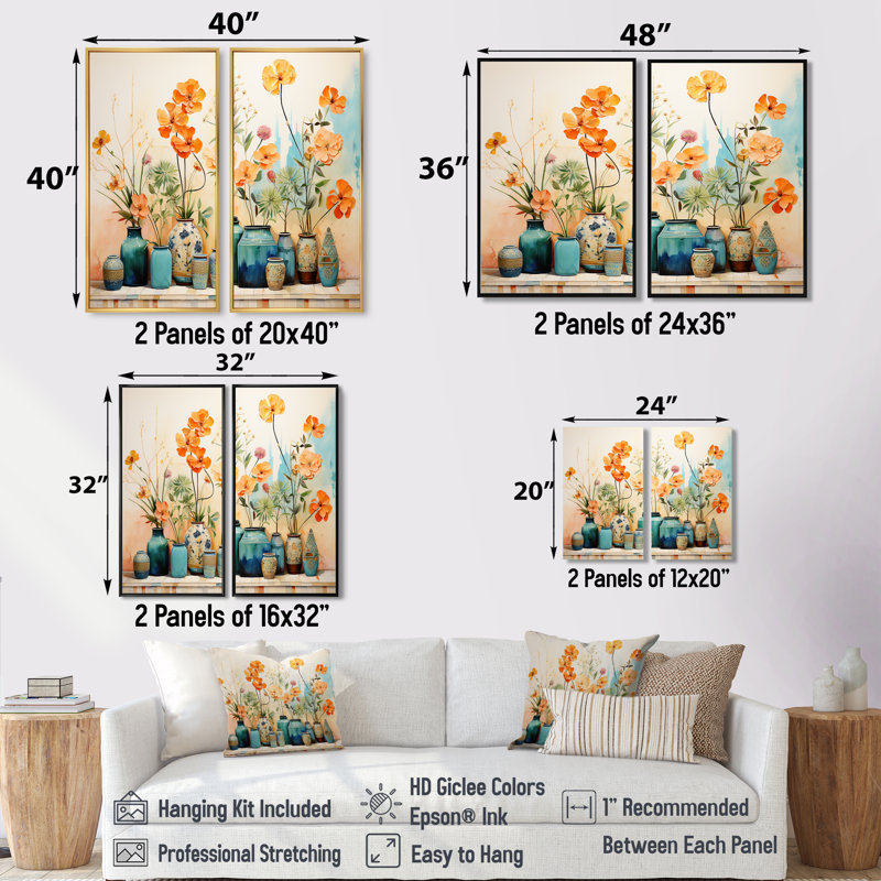 «Blue Floral Watercolor Pottery II», art mural sur toile traditionnel bleu, 2 pièces, H 32 po x l 32 po, Noir