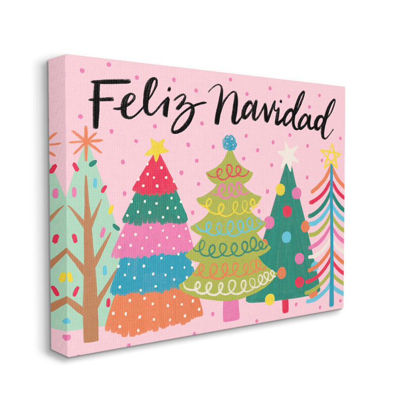 Feliz Navidad Whimsical Patterned Christmas Trees Canvas Art