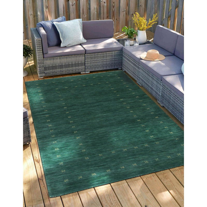 Tapis vert à motif géométrique vert en laine noué à la main vert, 4' x 6'