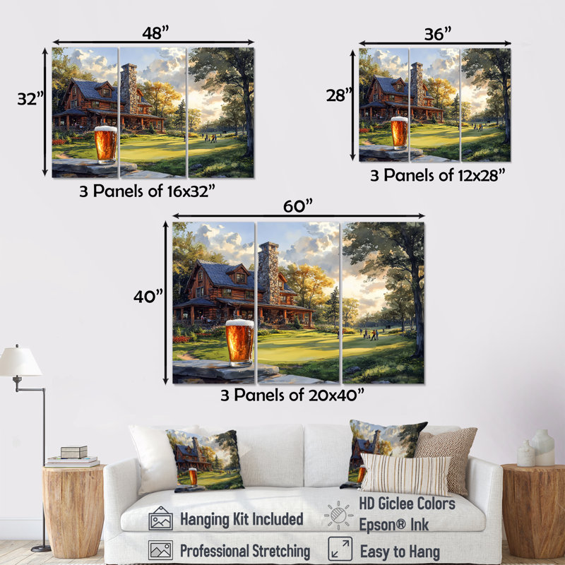 Parcours de golf vert avec chalet confortable IV - ensemble d'art mural de golf, Toile tendue, H 32 po x l 48 po x P 1 po