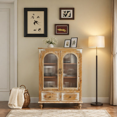 Farmhouse Storage Cabinet, Distressed Wood Kitchen Pantry Cabinet with 2 Glass Doors & 2 Drawers, Rustic Freestanding Buffet Cupboard with Shelves for Living Room, Dining Room,Antique Brown  & White