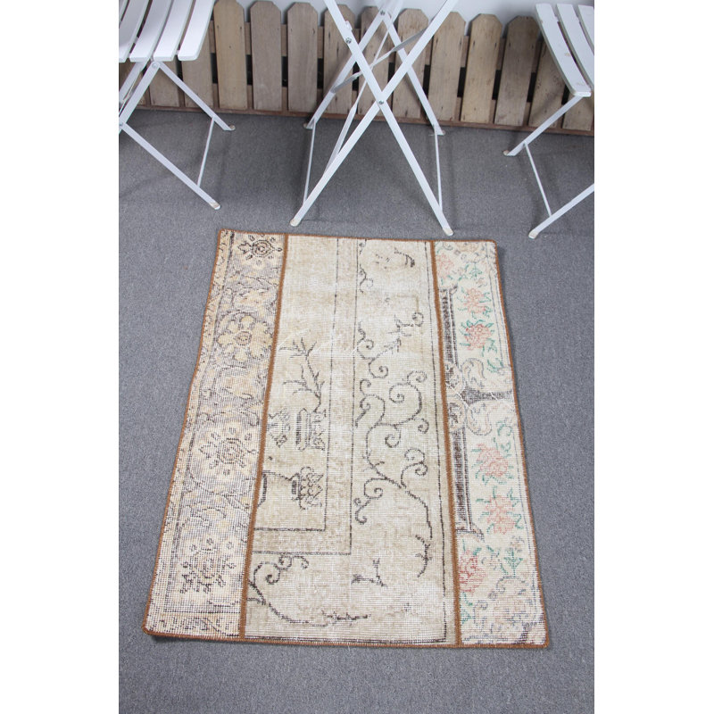 Vintage Turkish Patchwork Wool Rug in Beige and Rustic Oushak Design for Indoor Use