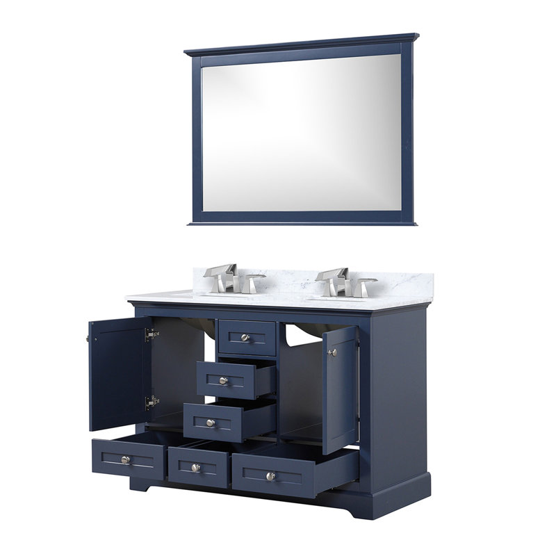 Meuble-lavabo double l 48 po x P 22 po, comptoir en marbre de Carrare, ensemble de robinet, miroir de 46 po, Marine