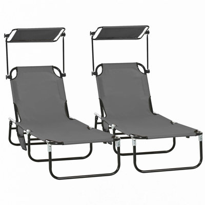 Outsunny Folding Chaise Lounge Pool Chairs, Outdoor Sun Tanning Chairs With Canopy Shade, Reclining Back