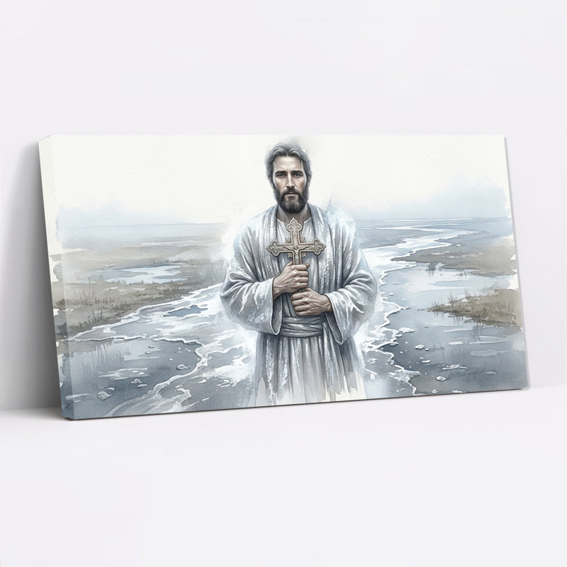 Jésus tenant une croix ornée dans un paysage brumeux à l'aquarelle, tableau mural sur toile, L 24 po x H 12 po