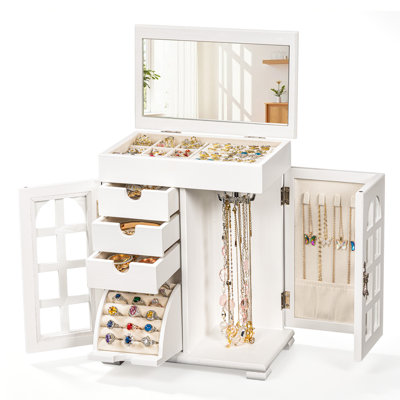Wooden Jewelry Box for Women, 5-Layer Jewelry Organizer with Built-in Mirror & Drawer, Large Storage for Necklaces Bracelets Rings Earrings,White