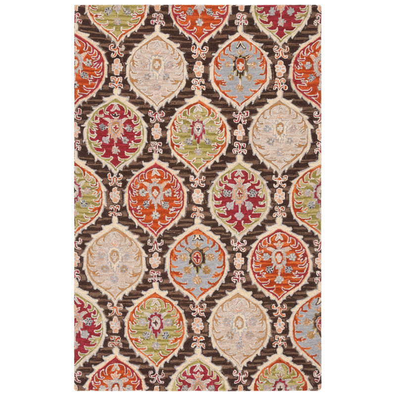 Roshanta Hand Tufted Wool Cotton Damask Rug in Red/Green, Rectangle 6' x 9'