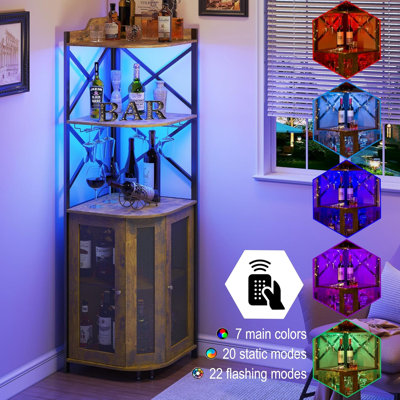 65" Corner Wine Cabinet with LED Lights – Freestanding Bar Cabinet with Glass Holder & Storage Shelves, MDF Metal Frame Liquor Cabinet for Living Room