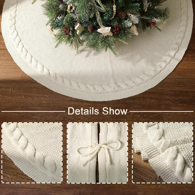 Jupe de sapin de Noël en maille torsadée blanc crème, cache-pied de sapin rustique vintage, décoration de Noël chaleureuse