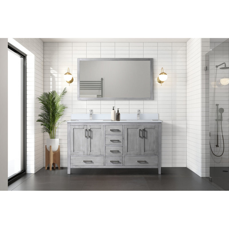 Meuble-lavabo double gris patiné 60 po X P 22 po D, plateau en marbre de culture et robinet, Gris