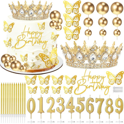 Couronne dorée et blanche avec bougies d'anniversaire, décoration de gâteau « Joyeux anniversaire » pour princesse, femme, reine, fête et mariage