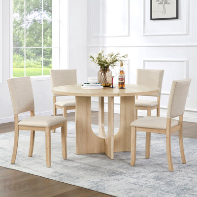 47.3" Round Dining Set With 4 Upholstered Dining Chairs, Modern Round Dining Table Set For 4, 5-Piece Round Dining Table Set For Living Room, Kitchen, Light Oak & Beige