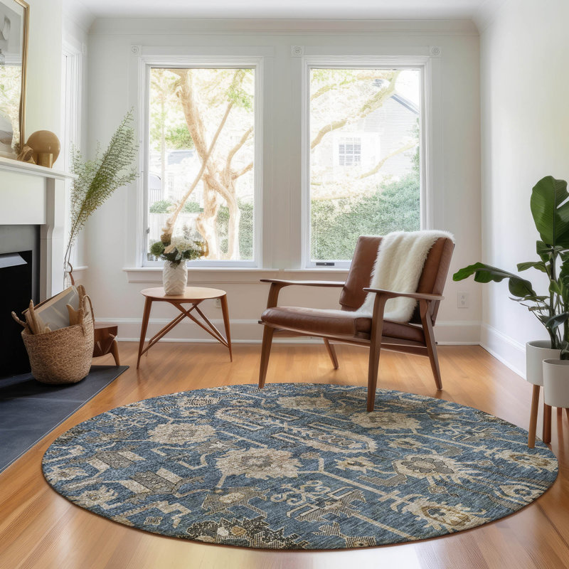 Tapis bleu marine de qualité supérieure lavable à la machine Prisco, Rond 8 pi