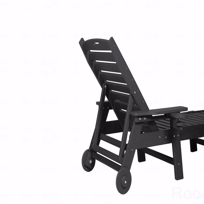 Outdoor Patio Lounge Chair, With Wood Texture, Oversized Chaise Lounge Chair With 5 Positions, HDPE, With Wheels And Cup Holder