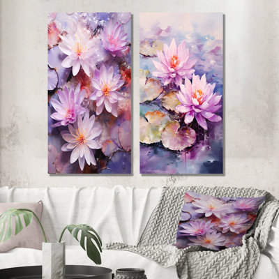 Fleurs de lotus en verre mauve - ensemble de 2 reproductions d'art florales en métal