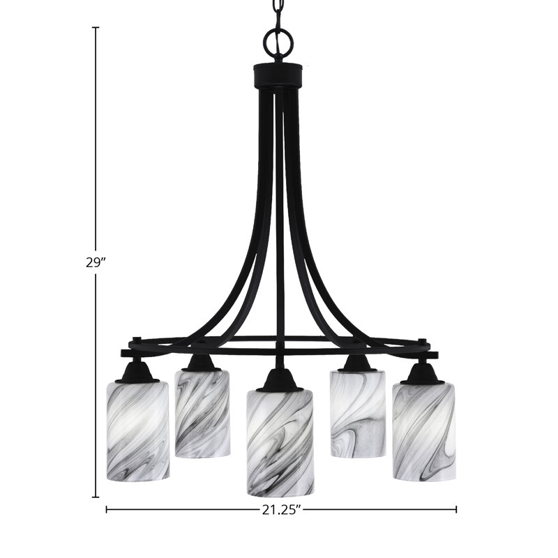 Lustre 5 lumières Paramount illustré en finition noir mat avec verre tourbillon onyx de 4 po