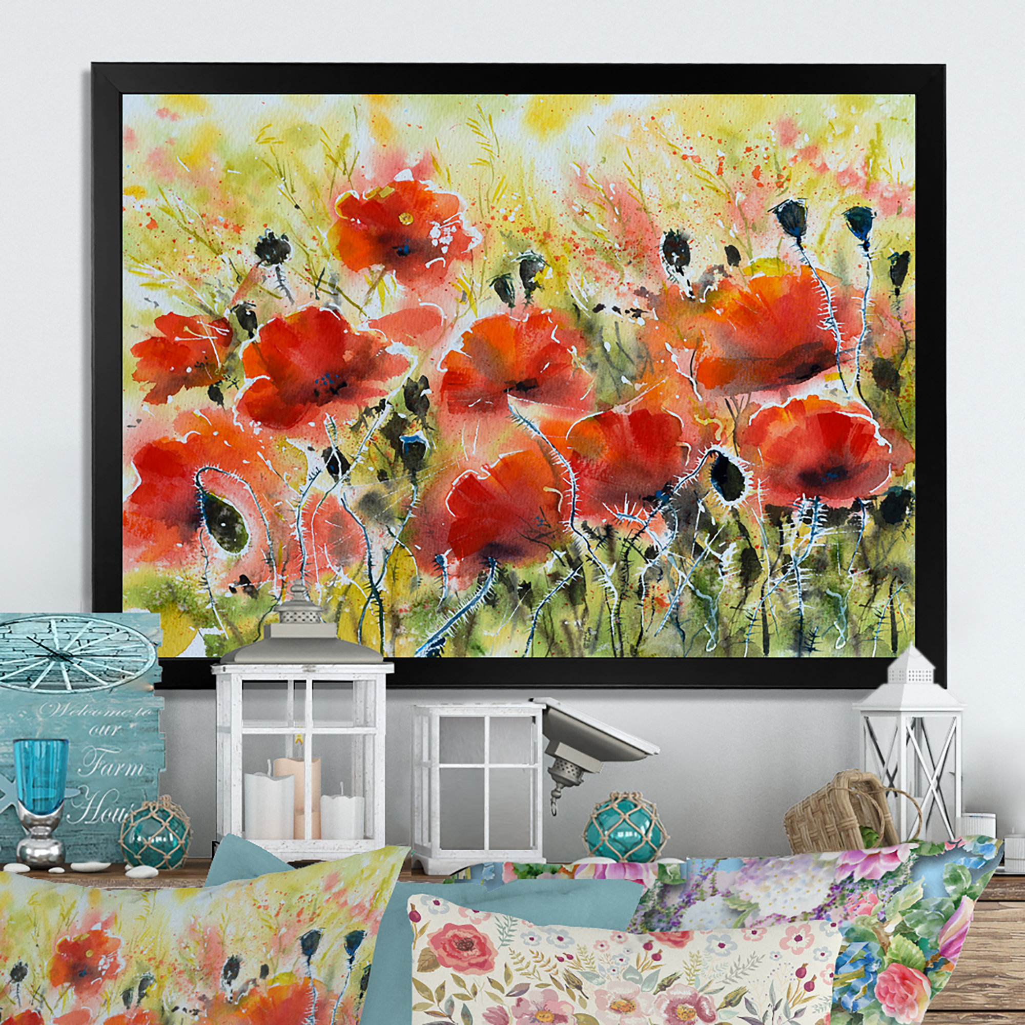 Poppies Row Watercolor Painting