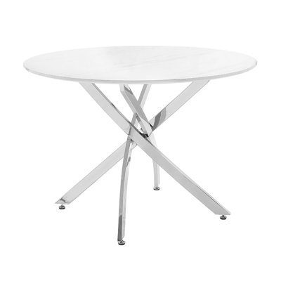 Dew Dining Table, 43 Inch Faux Marble Top, Chrome Cross Legs, White