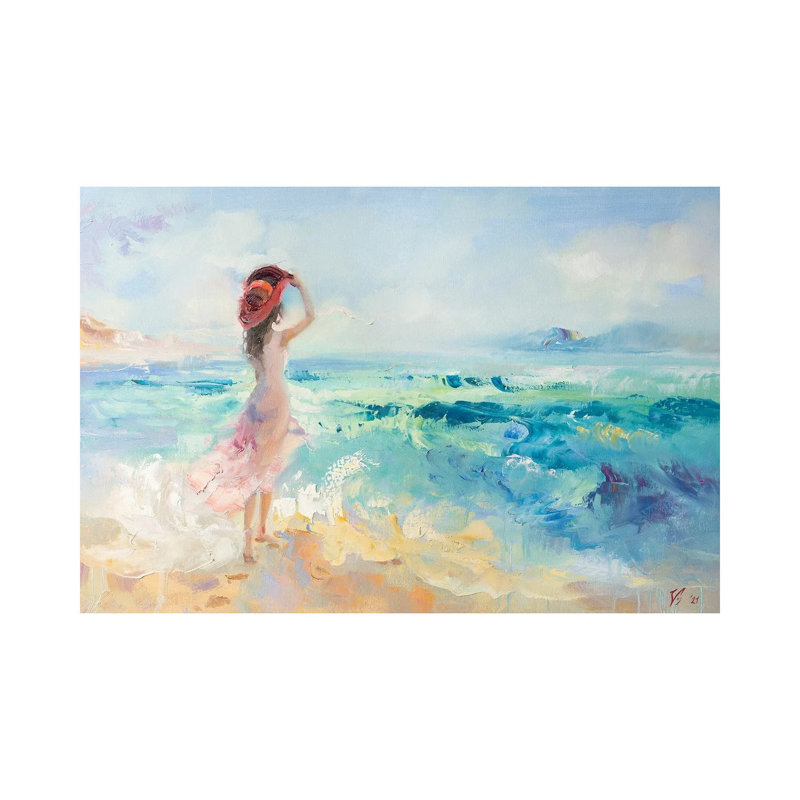 Girl In Red Hat On The Beach by Katharina Valeeva - Wrapped Canvas Painting, 66.04 cm H x 45.72 cm W x 1.91 cm D