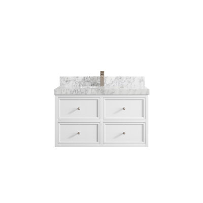 Roswell Floating 36 In. W X 22 In. D Single Sink Bathroom Vanity In White With 2 In. Carrara Marble