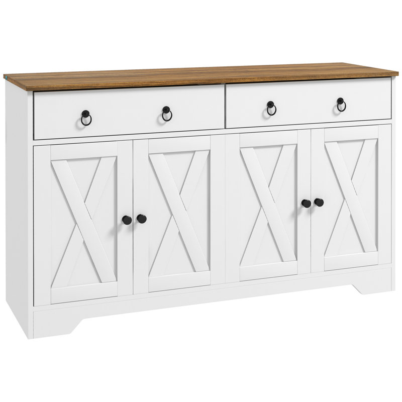 Buffet avec 2 armoires, tiroirs, 4 portes, tablettes réglables, blanc, tiroirs et plateau de table en grain de bois