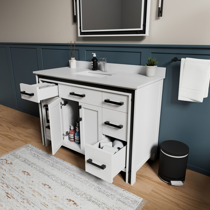 Dark Grey Bath Vanity 48 in. W x 22 in. D, White Quartz Top and 34 in. Mirror, White
