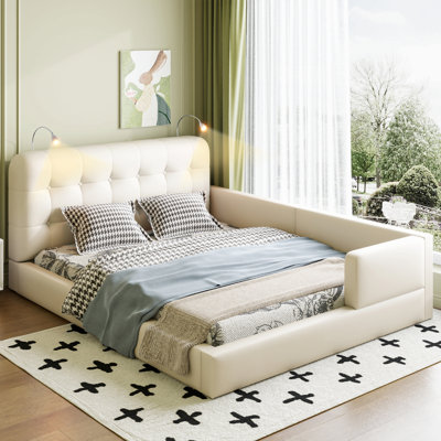 Queen Size Upholstered Platform Bed With 2 Reading Lights