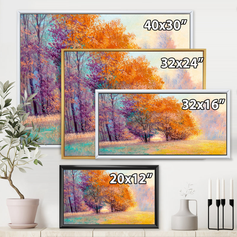 «Autumn Forest Orange Leaves Original Landscape», reproduction sur toile, H 12 po x l 20 po x p 1 po, Toile blanche encadrée