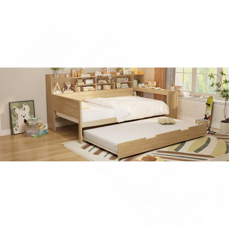 Lit de jour avec tablettes de rangement Kasten Lit multifonctionnel avec lit gigogne et bureau, Naturel, Double