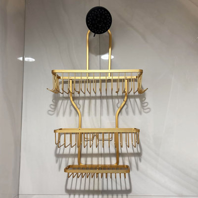 Penderie suspendue au-dessus de la pomme de douche en aluminium doré, organisateur antirouille avec panier à savon et 6 crochets