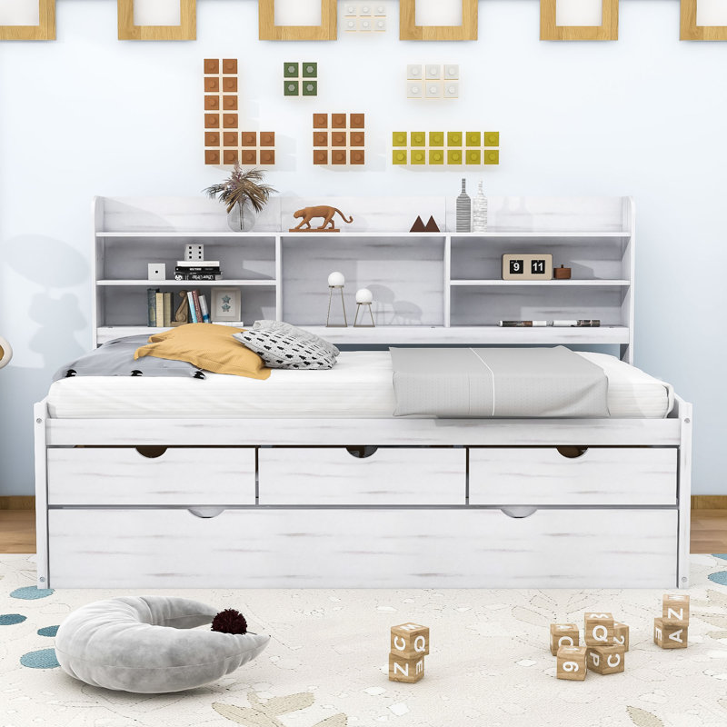 Sharney 3 Drawers Wood Bed with Trundle and Built-in Bookcase