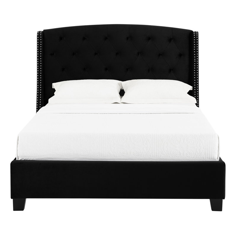 Élégant lit en tissu rembourré avec capitonnage, garniture cloutée et noir chic