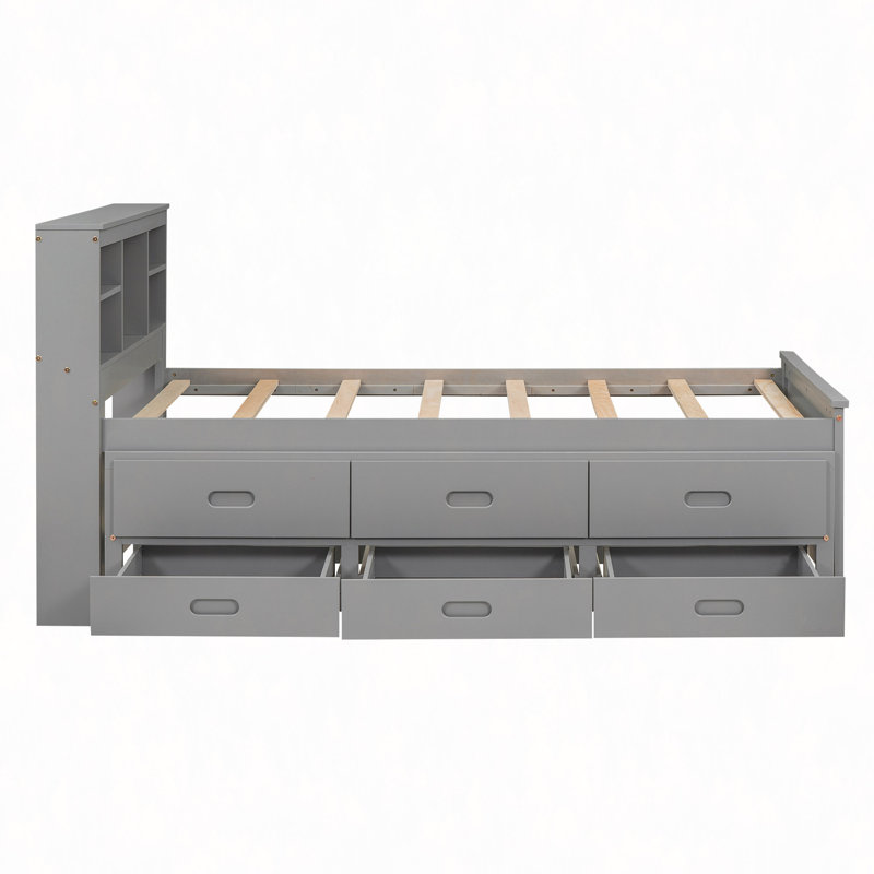 Lit plateforme avec tête de lit avec rangement, USB, lit gigogne et 3 tiroirs, Gris