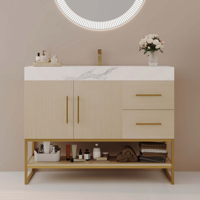 Meuble-lavabo autoportant moderne 36 po avec lavabo en céramique sans couture et plateau en pierre frittée
