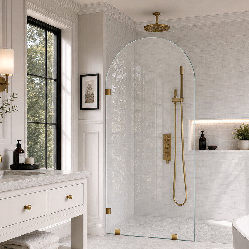 Paroi de douche fixe l 36 po x H 80 po, panneau de verre arqué avec verre trempé transparent de 3/8 po, panneau de verre simple sans cadre, porte de douche à l'italienne, or brossé