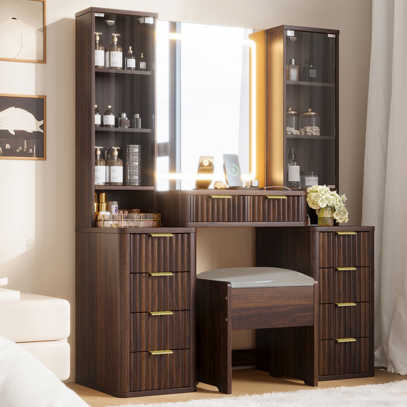 43.5" Fluted Vintage Makeup Vanity With Mirror And Lights, Makeup Vanity Desk With Glass Doors, Dressing Table Set With Stool And Charging Station