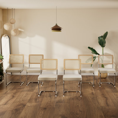 Mid Century Rattan Back Velvet Dining Chair Set Modern Stainless Chrome Base Armless Upholstered Side Chair for Dining Room, Kitchen Island
