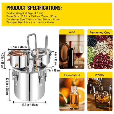 Alambic à eau et alcool en acier inoxydable avec tube en cuivre, comprenant une pompe de circulation, un thermomètre intégré et conçu pour la fabrication artisanale de whisky, de vin et de spiritueux.