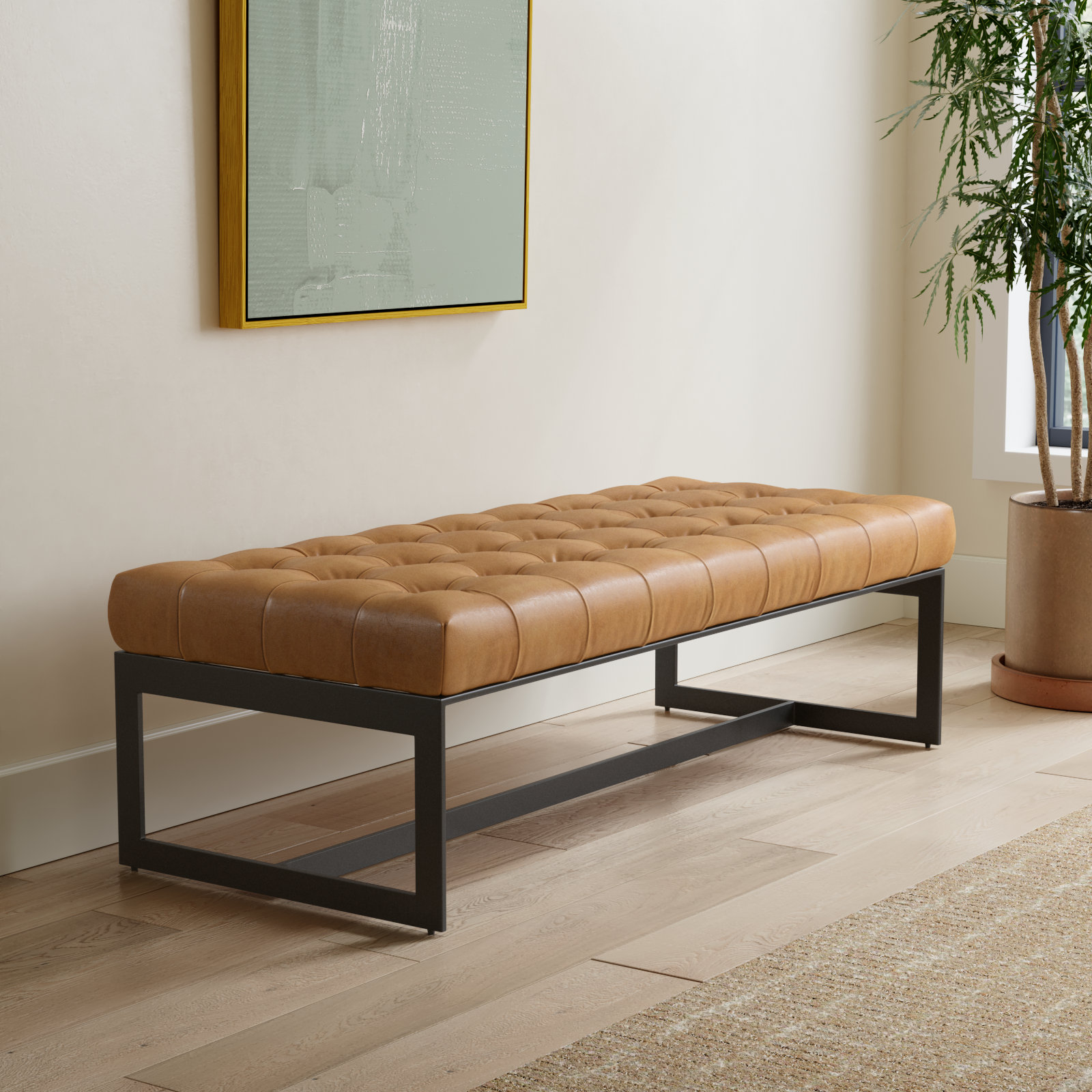 Lianne 56" Genuine Leather Entryway Bench, Brown Top Grain Leather
