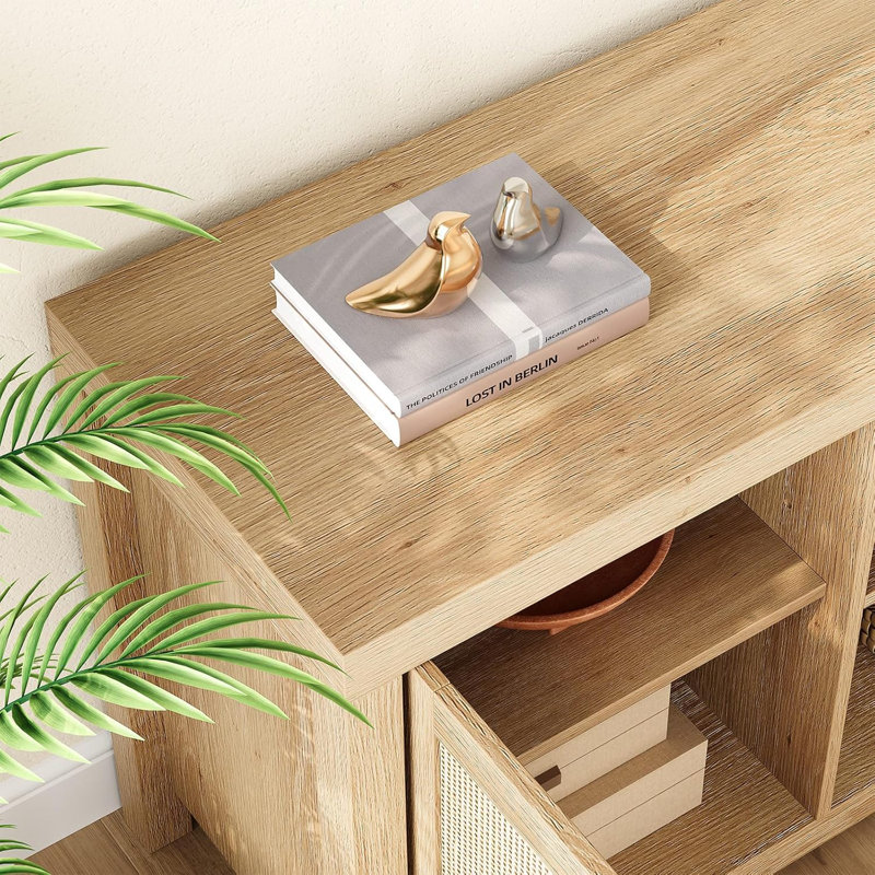 TV Stand for 65 Inch TV with Rattan Doors, Natural Wood
