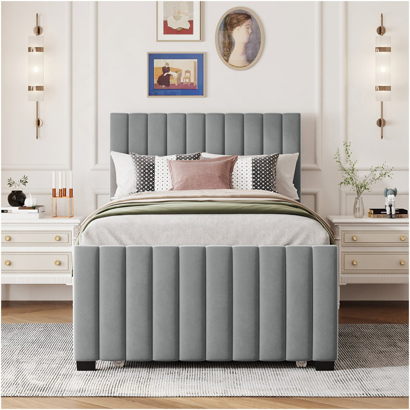 Lit plateforme tapissier simple en velours avec lit gigogne simple, gris