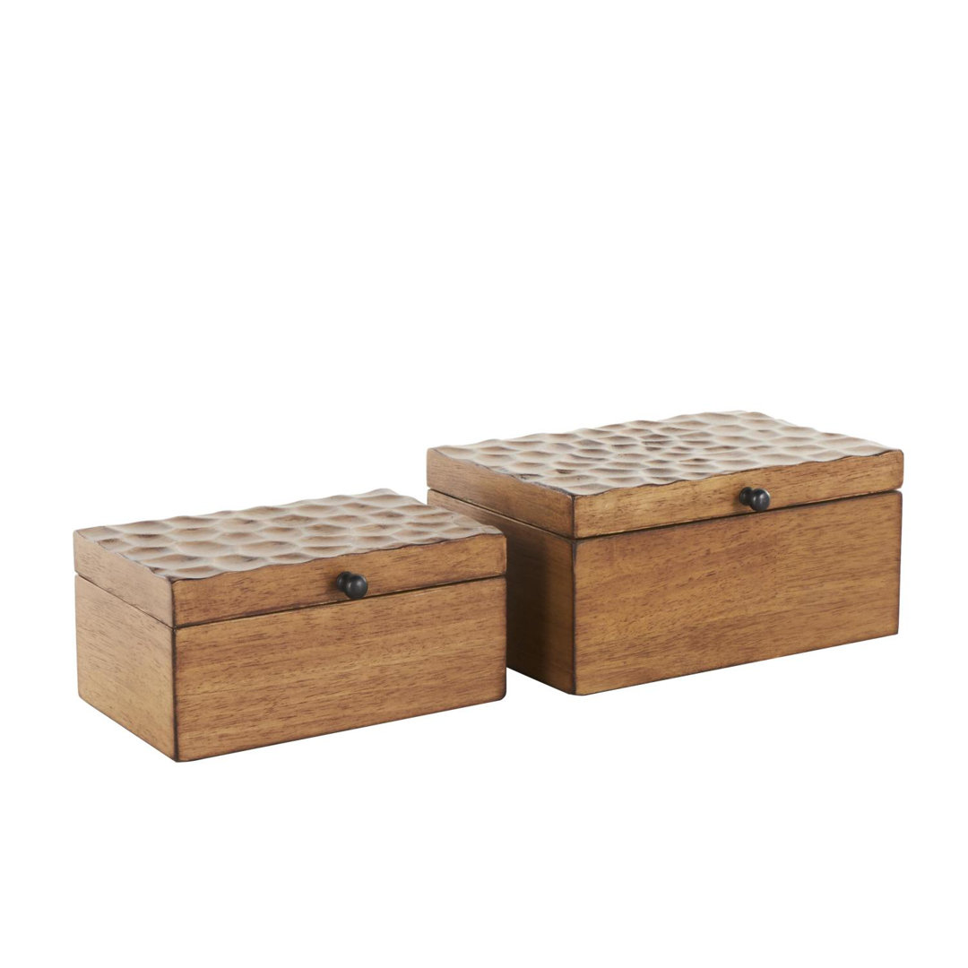 Wood Textured Concave Honeycomb Storage Geometric Decorative Brown Box with Black Knobs Set (Set of 2) Millwood Pines