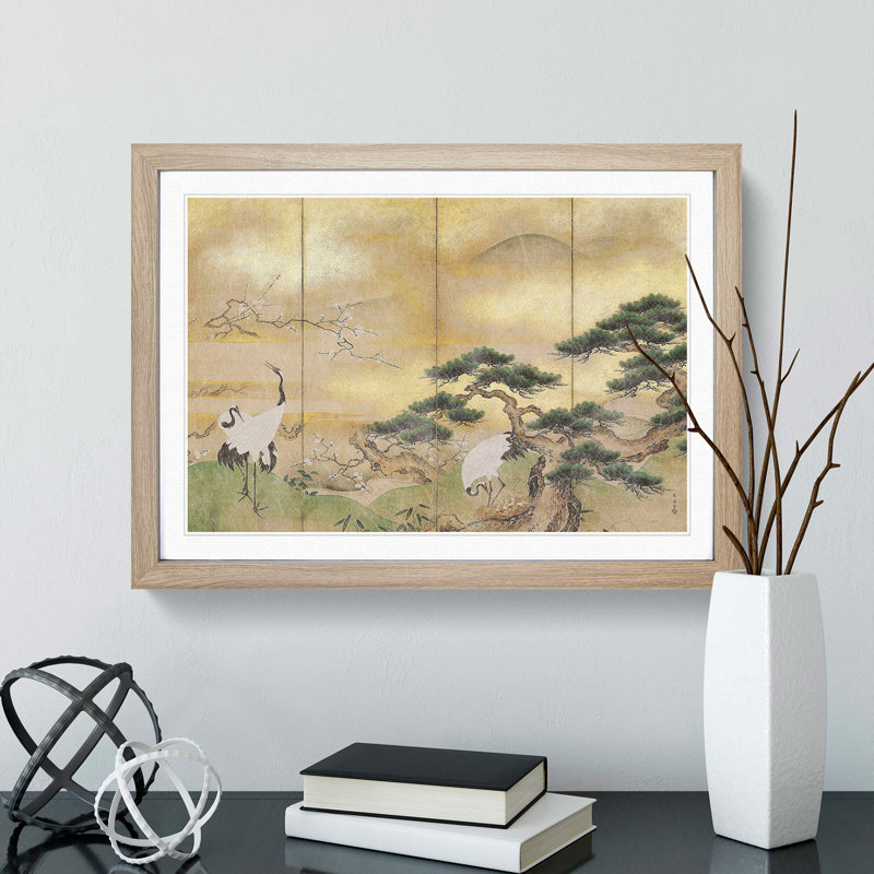 Cranes Beside a Lake by Hashimoto Gaho - Picture Frame Painting Print, 27cm H x 36cm W x 2cm D, Oak Framed
