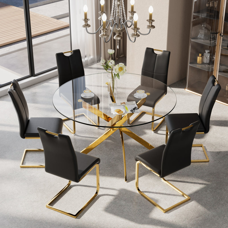 Ensemble de salle à manger 7 pièces, H 29,5 po x L 47,2 po x l 47,2 po, Noir, noir, noir, noir, Doré