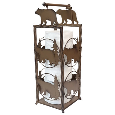 Metal Brown Woodland Black Bear Toilet Paper Holder with Extra Roll Storage
